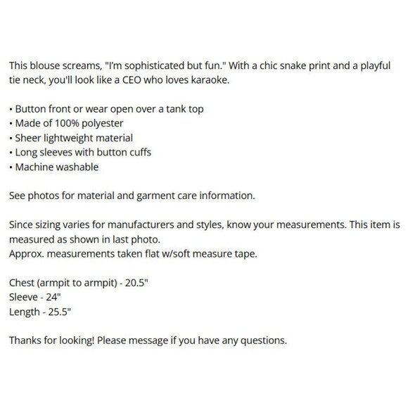 Violet & Claire Blouse Womens Size Large Snake Print Sheer Long Sleeve Neck Tie - Picture 9 of 10